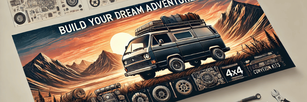 Promotional poster for 4x4 conversion kits with a van and mountain landscape.